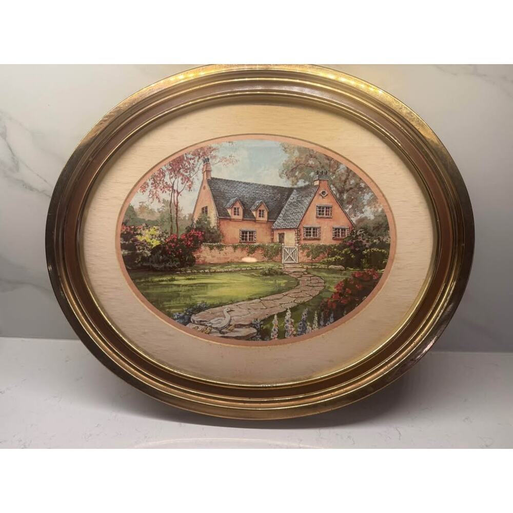 Vintage 90s Country Duck Oval Frame Cottage House Grandma Picture Wall Hanging